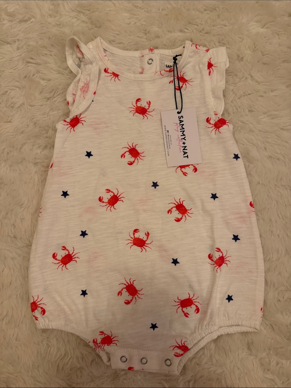 Sammy + Nat White Baby Romper with Red Crab & Navy Stars